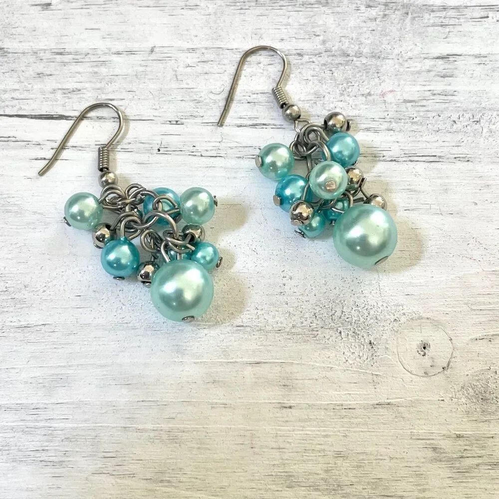 Faux blue Pearl and silver bead dangle earrings